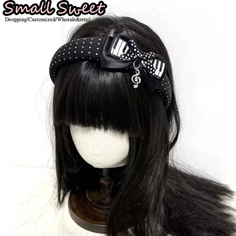 Japanese Harajuku Dark Gothic Lolita Black White Polka Dot Bow Piano Key & Musaical Note Y2K Girl Hairband Subculture Headband