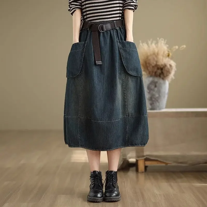 

Elastic High Waisted Denim Skirt for Women's Spring and Autumn New Style Loose A-line Skirt Versatile Casual Mid Length Skirt