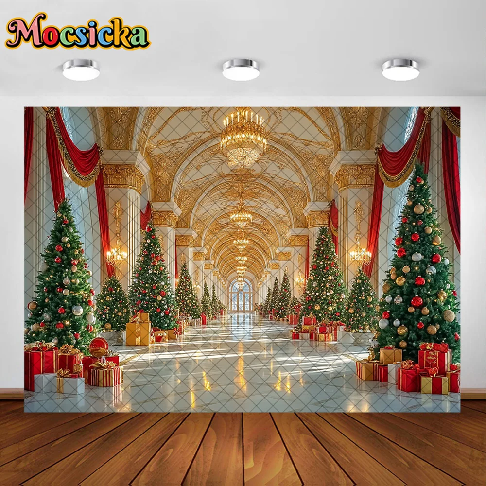 Mocsicka Photography Backdrop Luxury Golden Palace Hall Christmas Decoration Family Xmas Holiday Party Portrait Studio Props