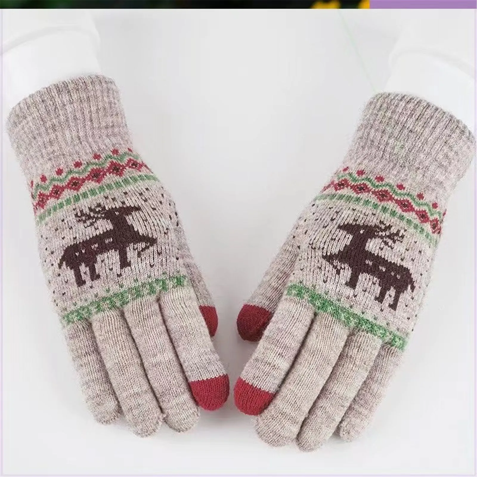 Women Thickened Velvet Gloves Winter Warm Cycling Anti-cold Christmas Deer Knitted Wool Gloves Girls Cycling Touchscreen Mittens