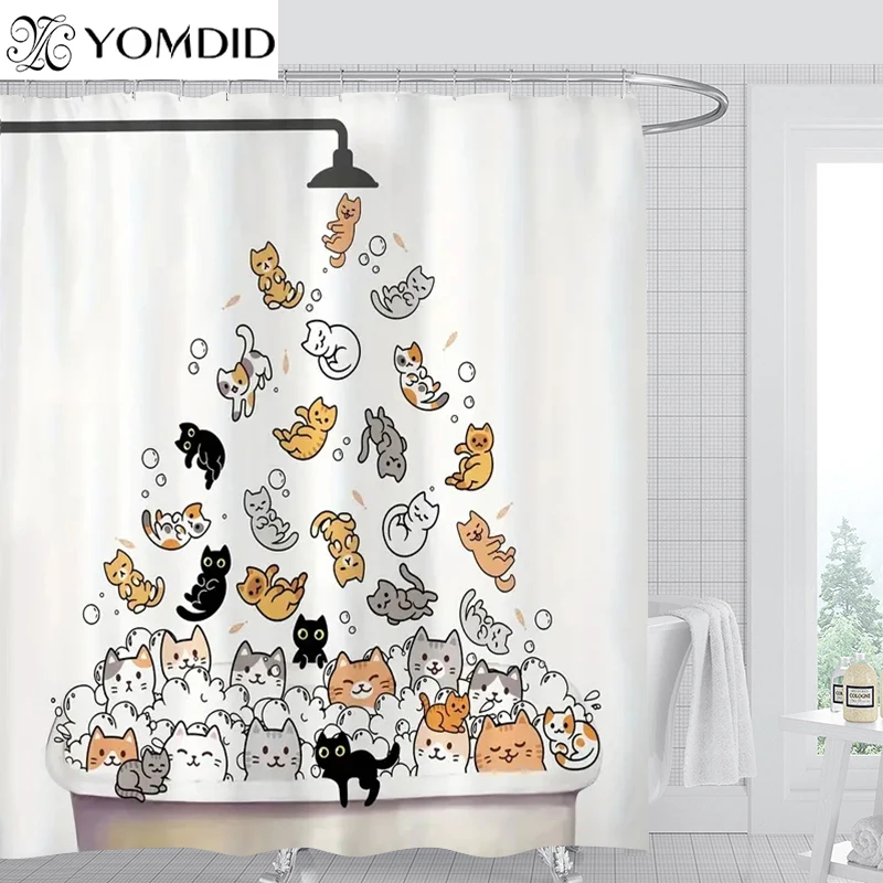 YOMDID 1/4pcs Cute Cat Printed Shower Curtain Set Shower Curtain With 12 Hooks Polyester Home Bath Curtain Bathroom Decoration