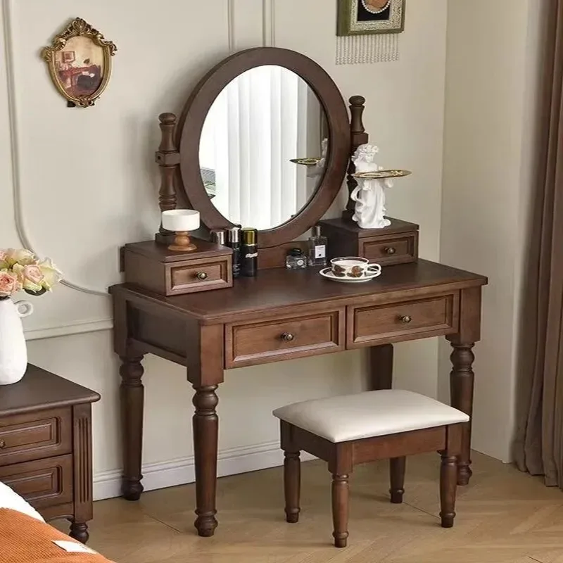 

Solid wood small apartment chestnut dresser with mirror with makeup stool simple dark brown makeup table
