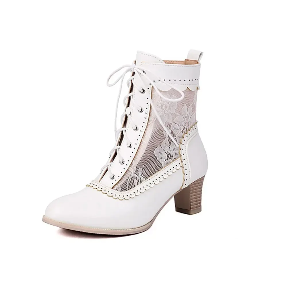 Vintage Hollow Out Lace Mesh Fashion Stiefeletten Damen Schnürstiefel mit Blockabsatz Große Größe 35-48 5752-4
