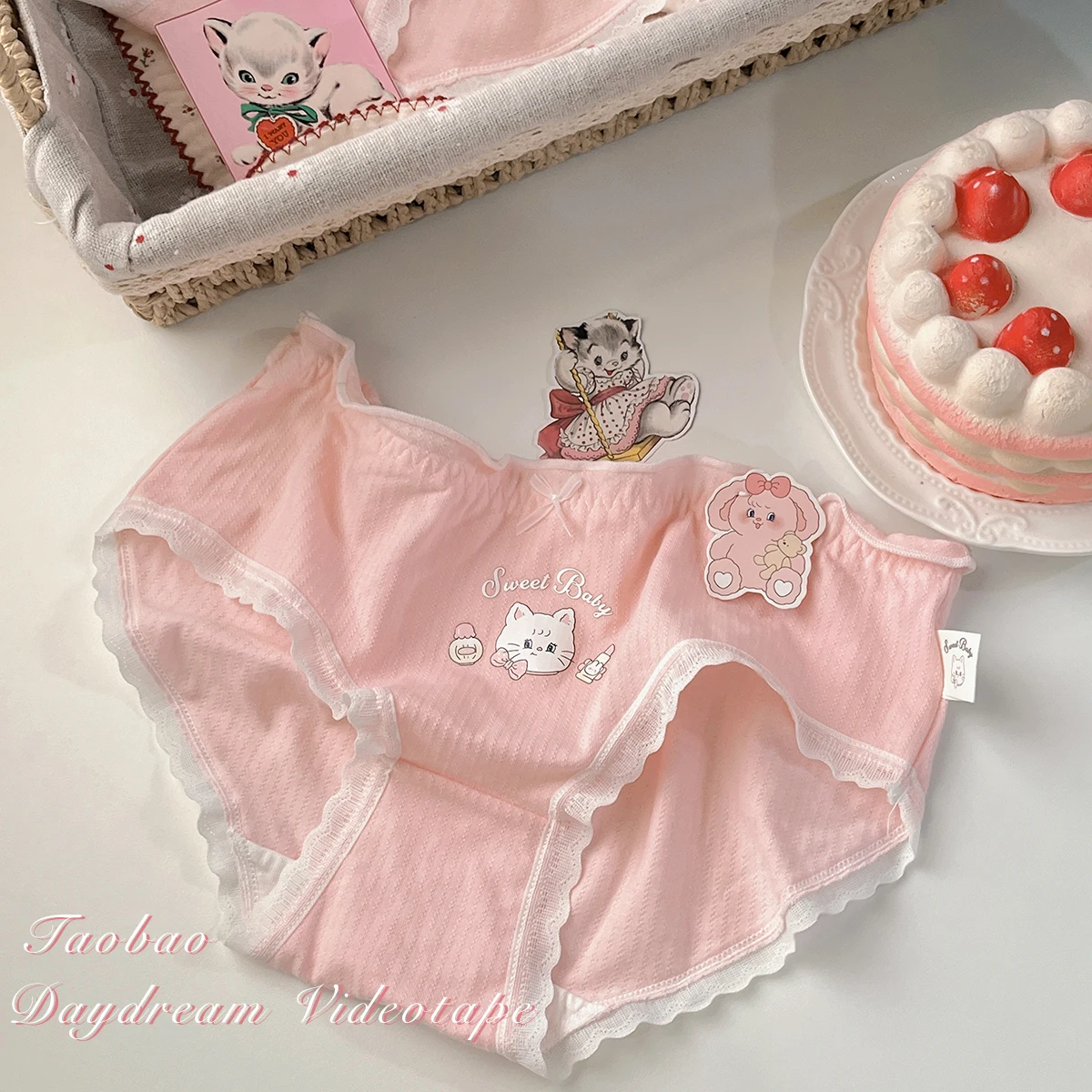 Lolita Cute Pink And White Girl Underwear Printed Pure Cotton Soft Japanese Triangle Panties Comfortable Breathable Panties