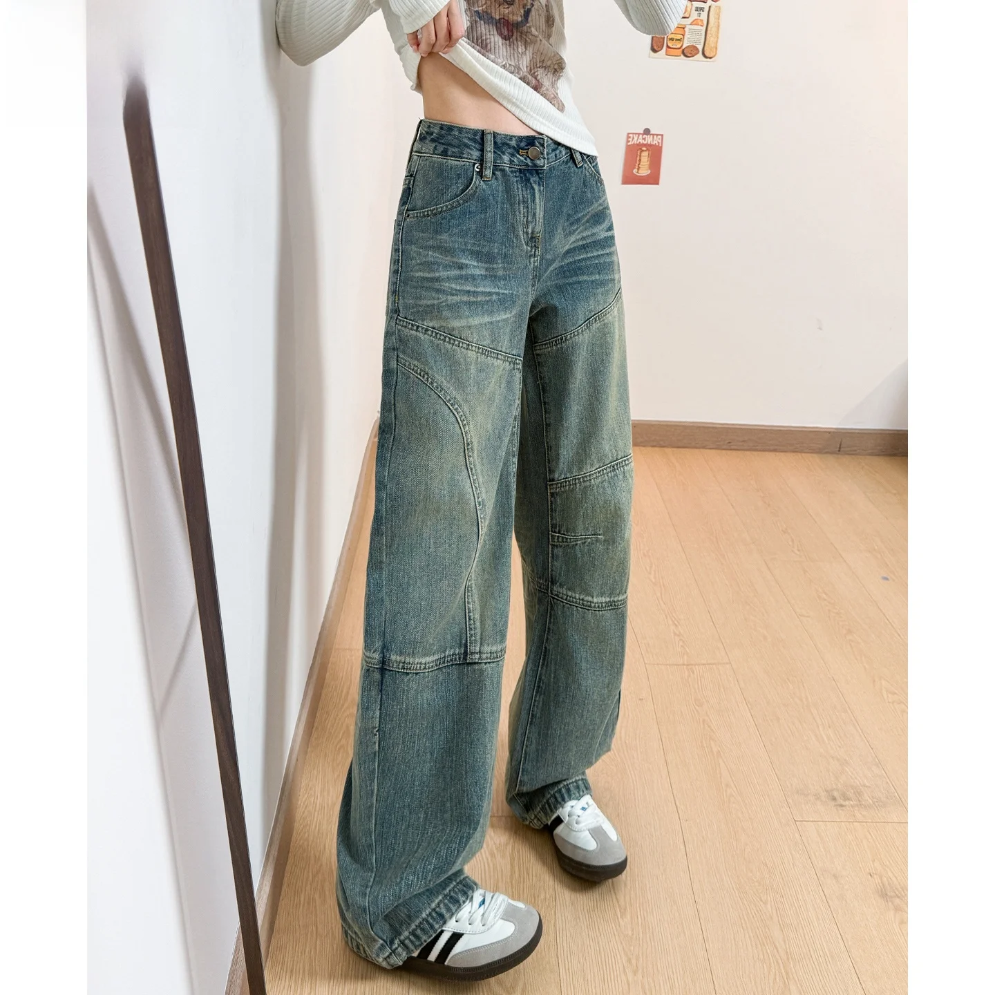 

American Style Retro Blue Fashion Deconstructed Knife Jeans Women's New 2026 High Waist Design Slimming Long Pants
