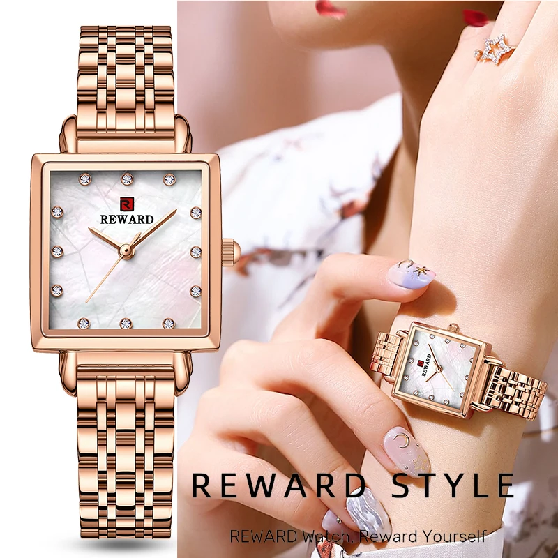 

New 2022 REWARD Square Quartz Watch for Women Fashion Waterproof Ladies Simple Rose Gold Stainless Steel Wristwatches