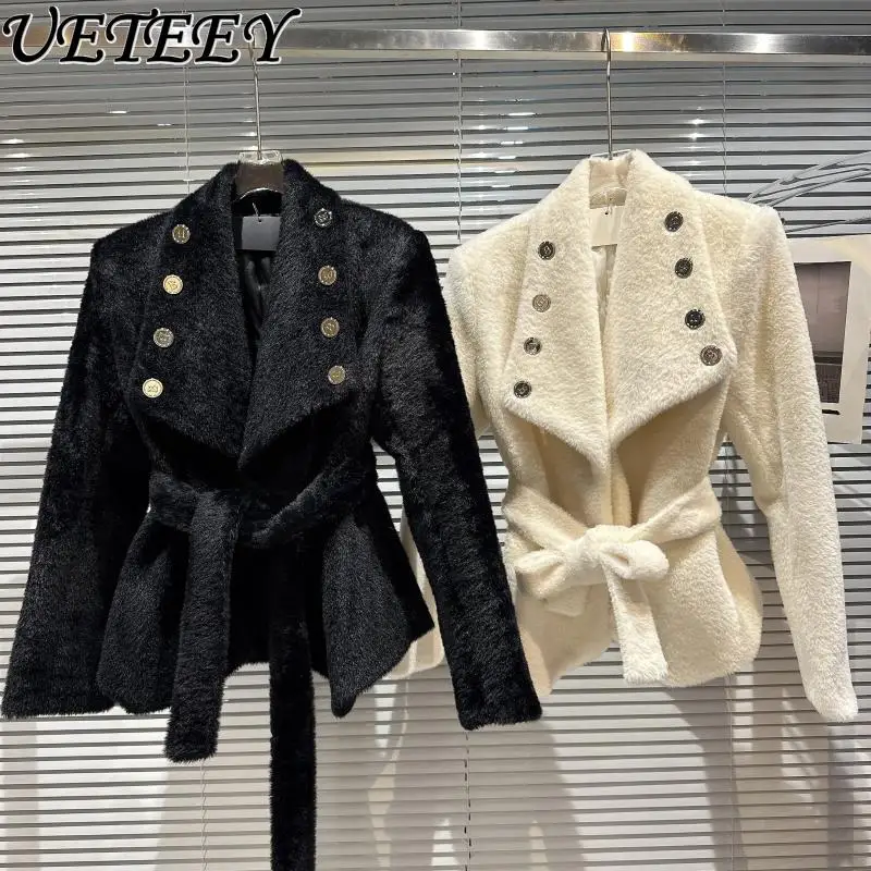 Autumn New Lapel Fine Plush Belt Waist Solid Color Padded Suit Jacket Temperament Versatile Long Sleeve Coat Clothes for Women