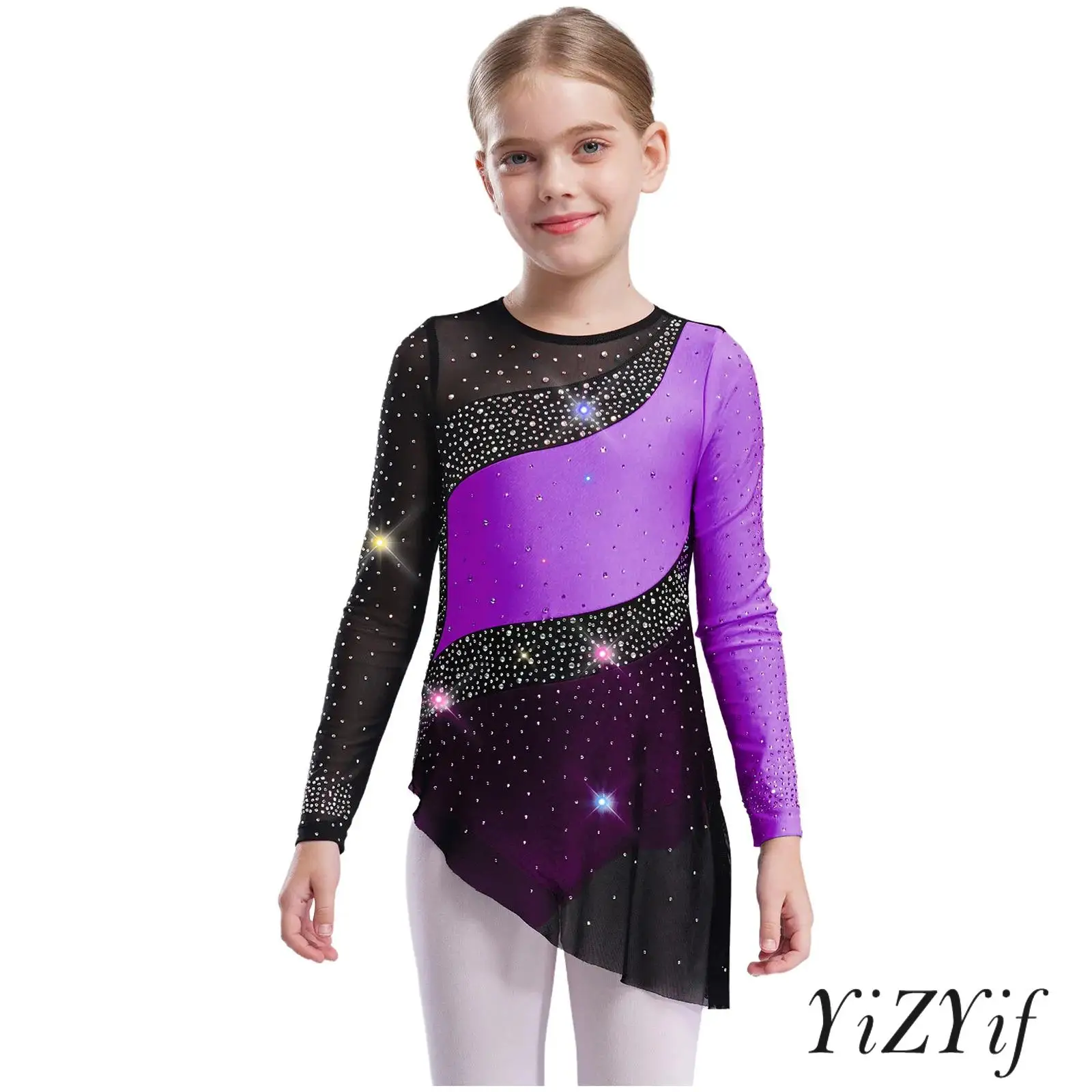 

Kids Girls Ballet Latin Dance Costume Sparkling Rhinestones Patchwork Sheer Mesh Long Sleeve Ballet Gymnastics Leotard Dress