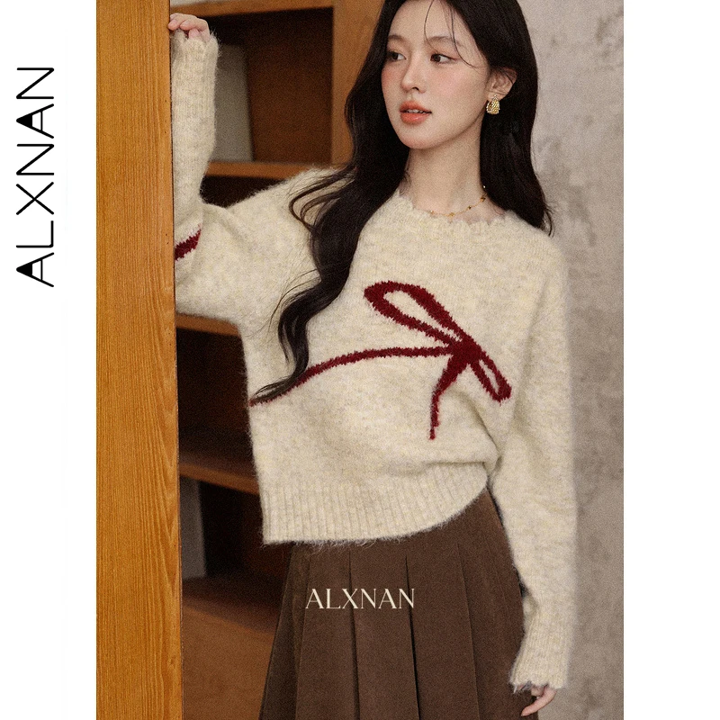 ALXNAN Plus Größe Pullover Herbst Winter Langarm Wolle Pullover Elegante Casual Lose-fit Bogen Muster Pullover Weibliche D13206