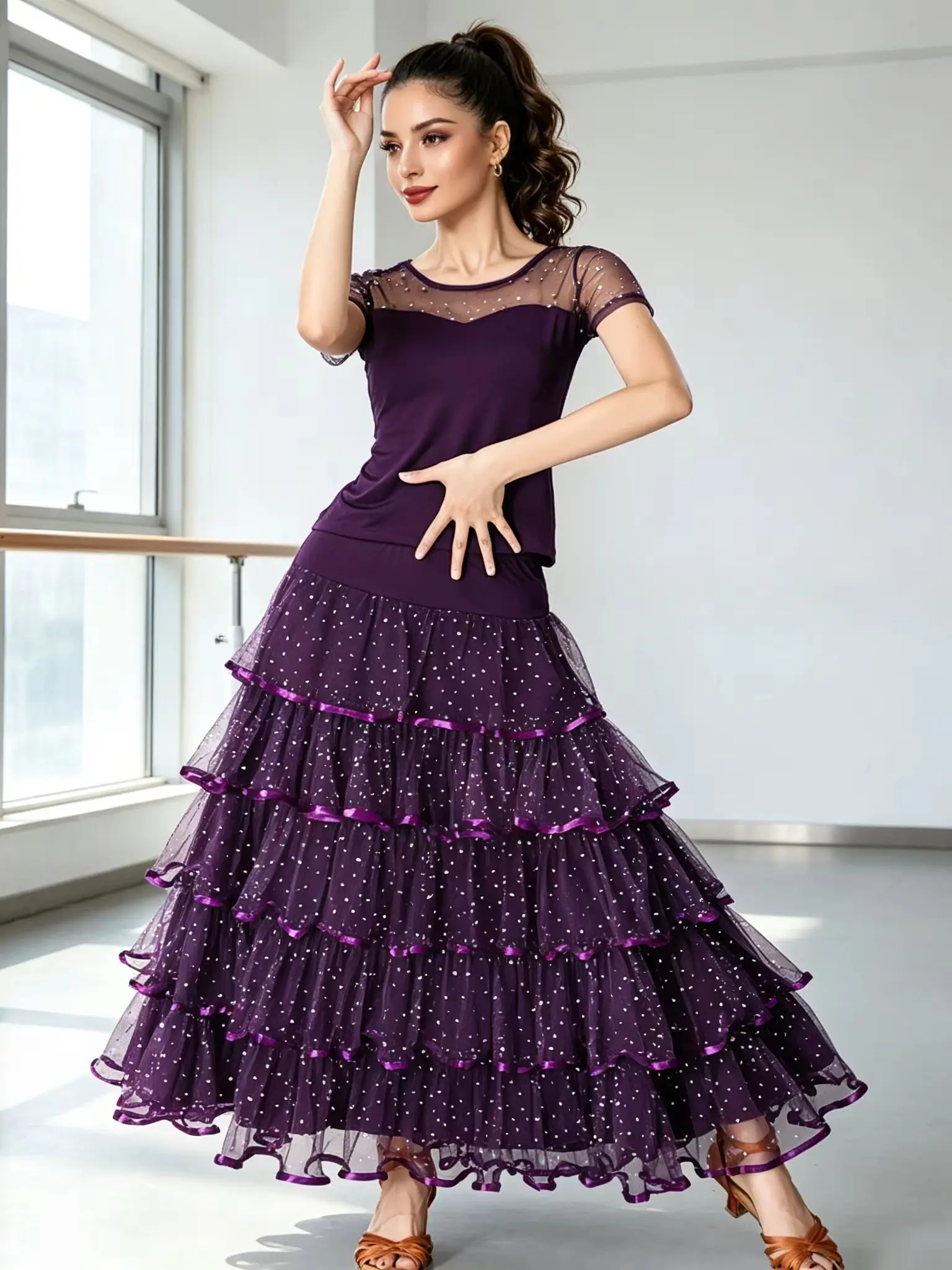 

Women's Ballroom Dance Set Sheer Mesh Top + Sparkly Tiered Maxi Skirt for Latin Salsa Tango Flamenco