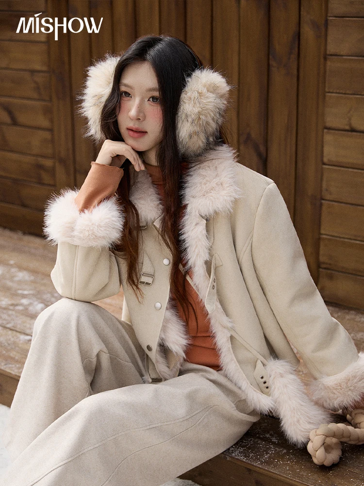 MISHOW Cappotto corto spesso monopezzo in pelliccia sintetica per donna Giacche larghe con risvolto invernale Cappotti caldi antivento con borsa in peluche MXE91W1000