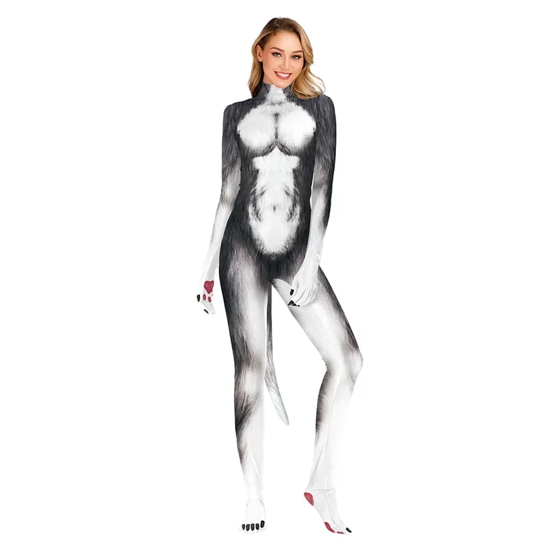 Creatieve Sneeuw Wolf Animal Huskies Catsuit Volwassen Unisex Cosplay Kostuum met Staart Zentai Volledige Body Jumpsuits