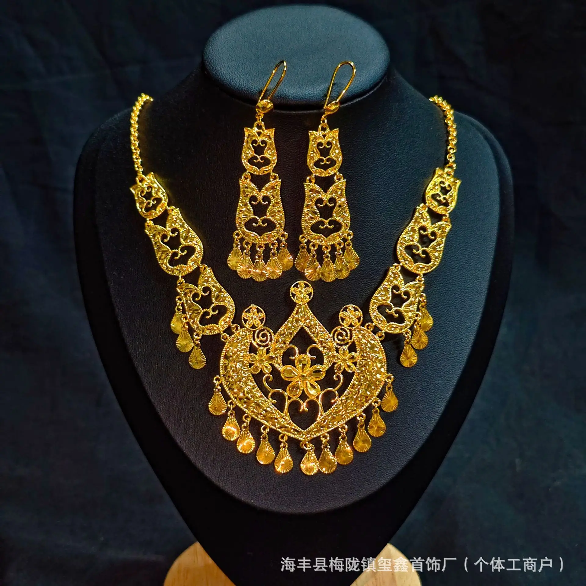 Luxury 24K 9999 Pure Gold real gold Dubai Middle East gold silk flower hollow women's necklace set