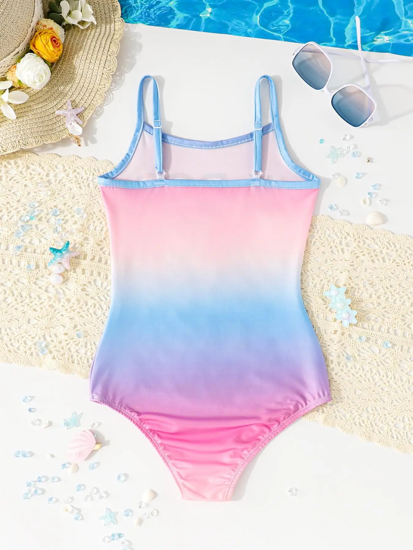 Sommer-Freizeitbadeanzug für Mädchen, Farbverlaufs-Badeanzug für Kinder, Candy Pink und Blau Farbblock-Badeanzug mit Cartoon-Print, geeignet für Mädchen ab 3 Jahren, Strand- und Poolkleidung – Detail 2
