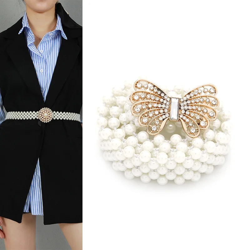 

Милый женский пояс в корейском стиле, инкрустированный бриллиантами поясная цепочка, многорядное платье, украшенное жемчугом, эластичный пояс с бисером