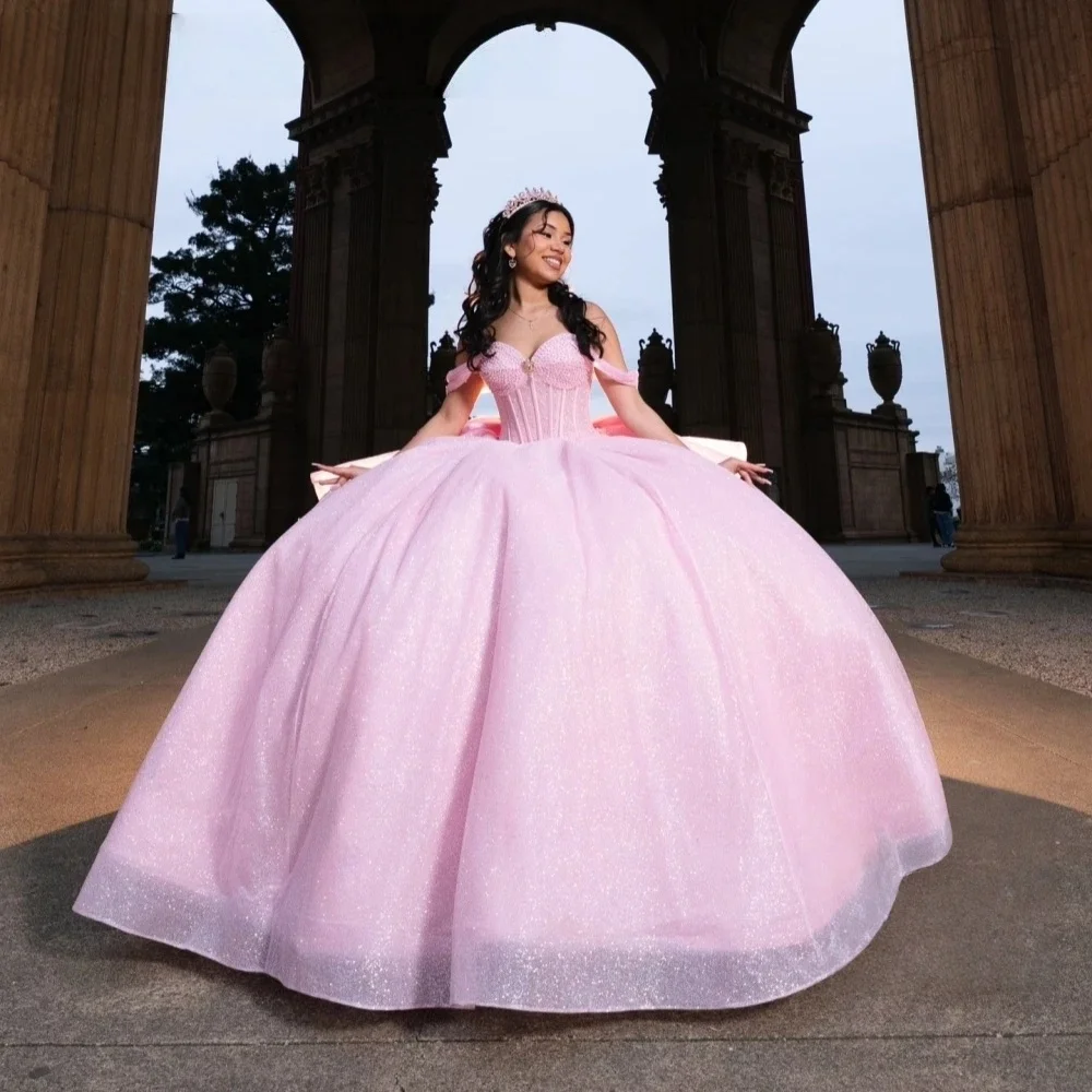 

Pink Quinceanera Dresses Ball Gown Off The Shoulder Bow Sparkly Sweet 16 Dresses 15 Años Customized