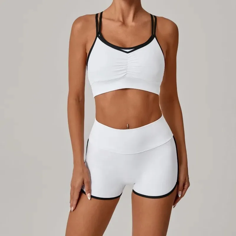 Nová dámská sada na jógu, barevně blokovaná sportovní podprsenka, stahovací kraťasy, dvoudílná sada, barevně blokovaná, přiléhavá, běžecká, fitness, jóga - náhled 4