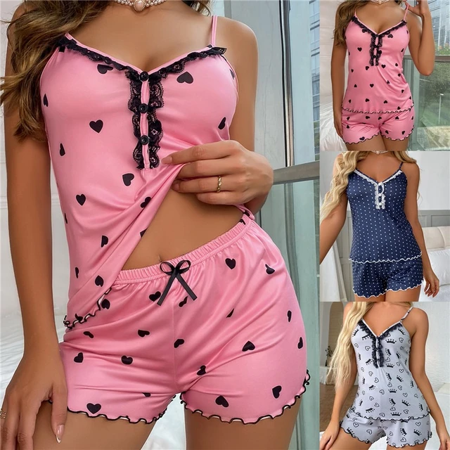 Ladies Sexy 2 Piece Pajama Set Deep V Neck Pyjamas Shorts Set Lace Pijama Suit Sleepwear For Women Sexy Pajama Suit Pajama Sets AliExpress