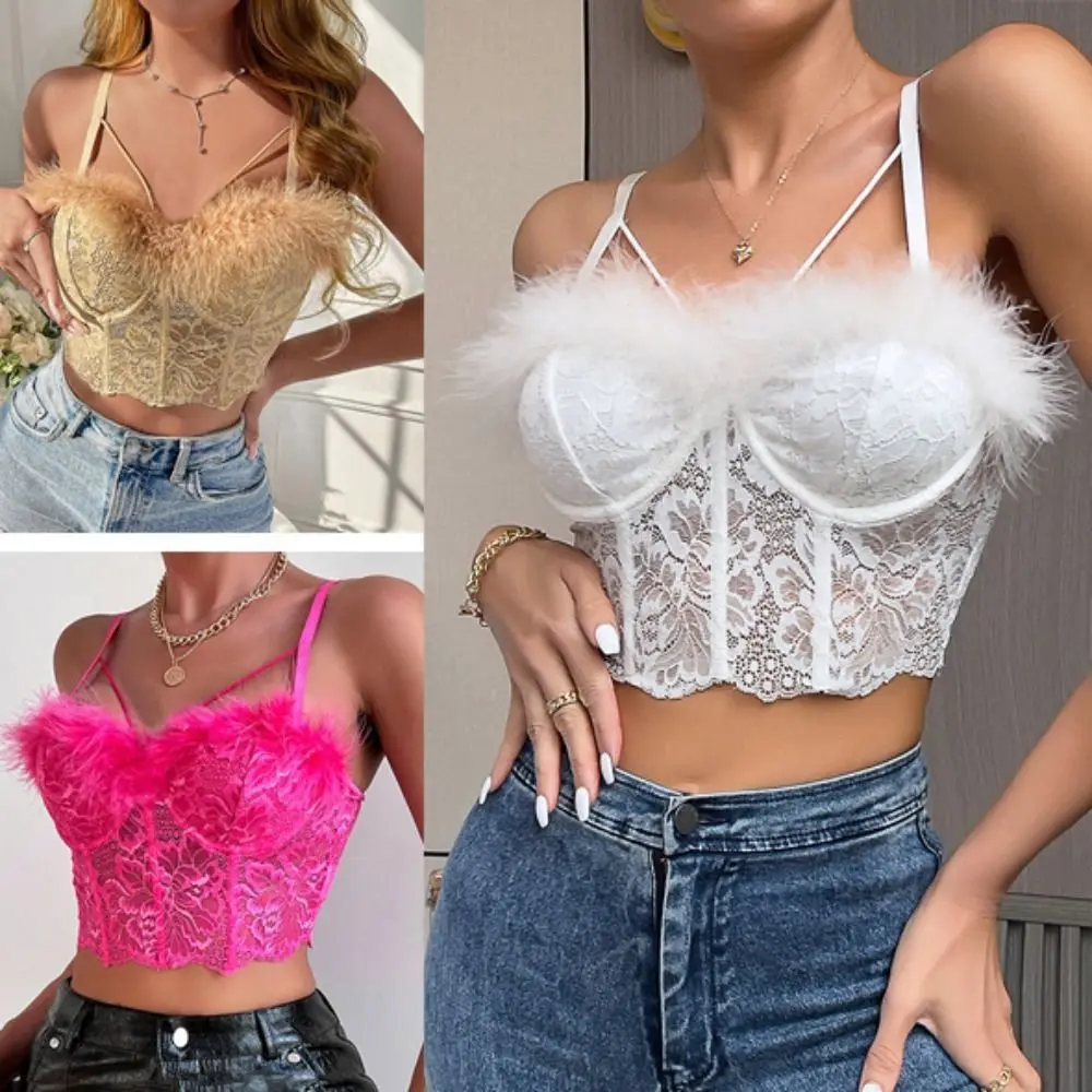 

Elegant Plush Tassel Lace Camisole Mesh Slim fit Crop Tops Sleeveless Transparent Suspender Vest Women