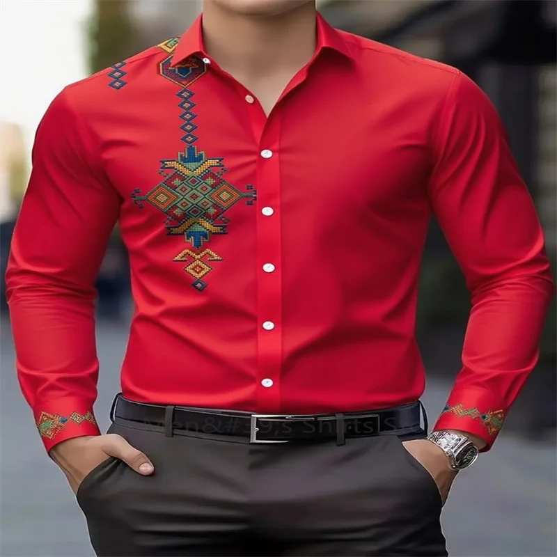 جديد الرجال العرقية القبلية نمط قميص مطبوع الرجعية عادية التلبيب كم طويل الأعمال قميص عطلة هدية الرجال بلايز #5