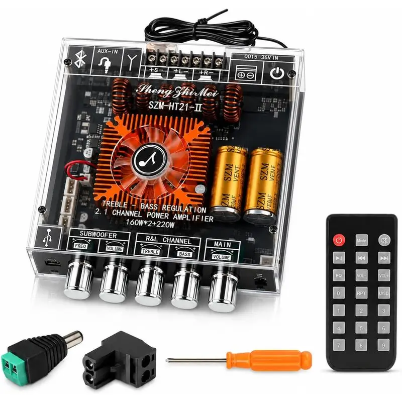 540W 2.1-Channel Mini Bluetooth Amplifier Board – 160W×2 + 220W Subwoofer, with TWS, FM/USB/AUX, IR Remote, DC15-36V