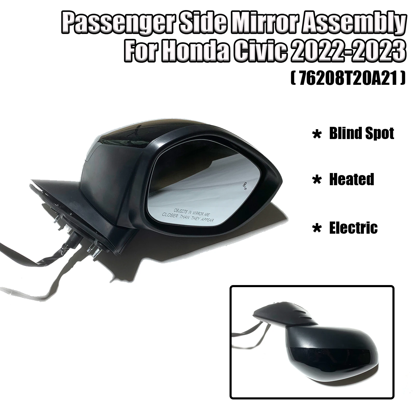 

Car Rearview Mirror Assembly For Honda Civic 2022-2023 Passenger Side with Blind Spot Heated Electric 7 Line Glossy Black