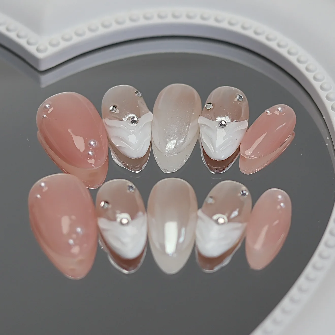 10Pcs Sweet Dreamy Almond Nails Press Ons Aurora Pink False Nails with Glue 3D Wave French Full Cover Acrylic Nail Manicure Tips