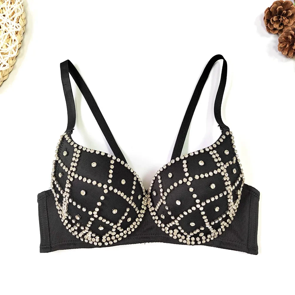 Plaid Glittering Rhinestone Underwire Triangle Cup Bra for Nightclub and Party Chest Wrap Sexy Lingerie Bras Women Push Up Tops