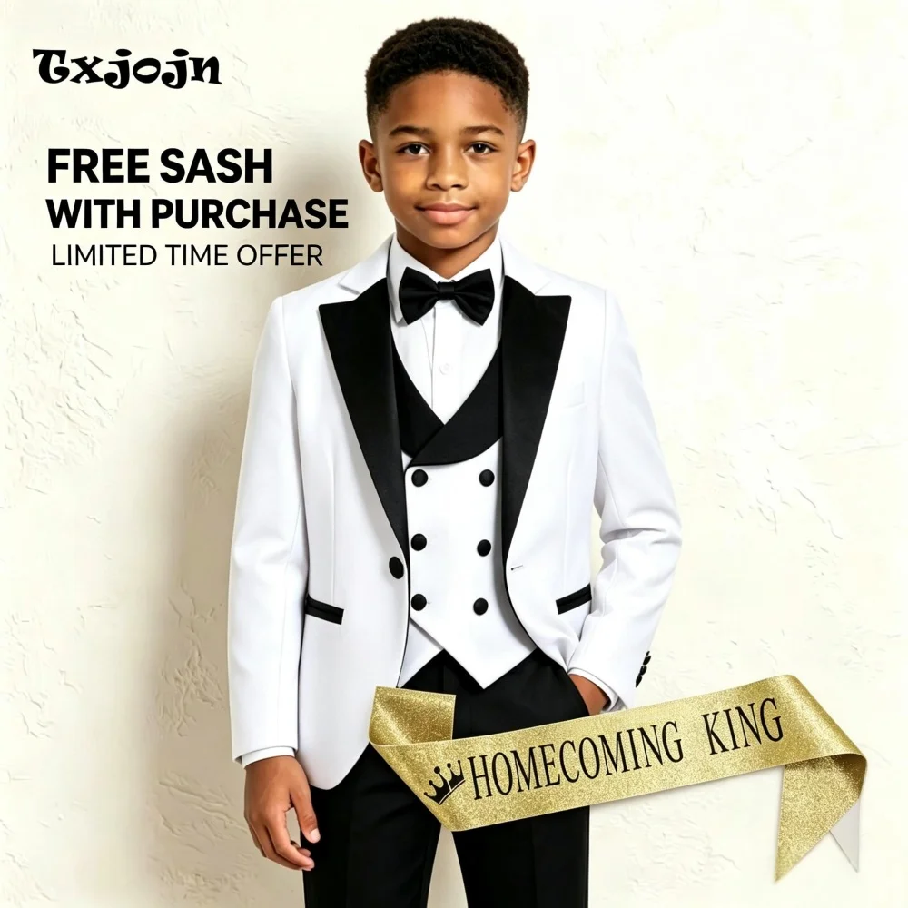 Formal Suit for Boys Peak Lapel Wedding Tuxedo 3 Piece Color Block Jacket Pants Vest Kids Blazer Set Slim Fit Tailored Outfit