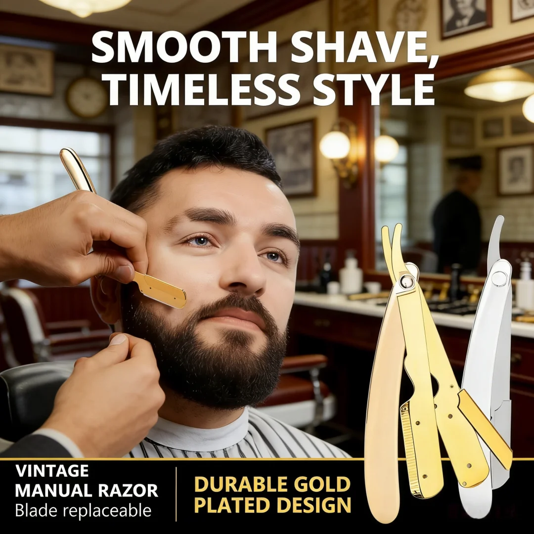 Barbier-Rasiermesser für Herren, Faltbar, Manuell, Edelstahl, Scharfer Rasierer für Friseur-Rasur und Styling