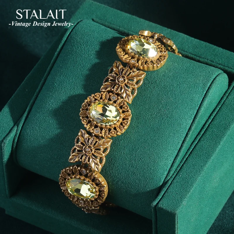 

Богемные овальные браслеты с желтыми кристаллами для женщин, антикварные ювелирные изделия, винтажные аксессуары с цветами золотого цвета, широкий браслет, Новое поступление