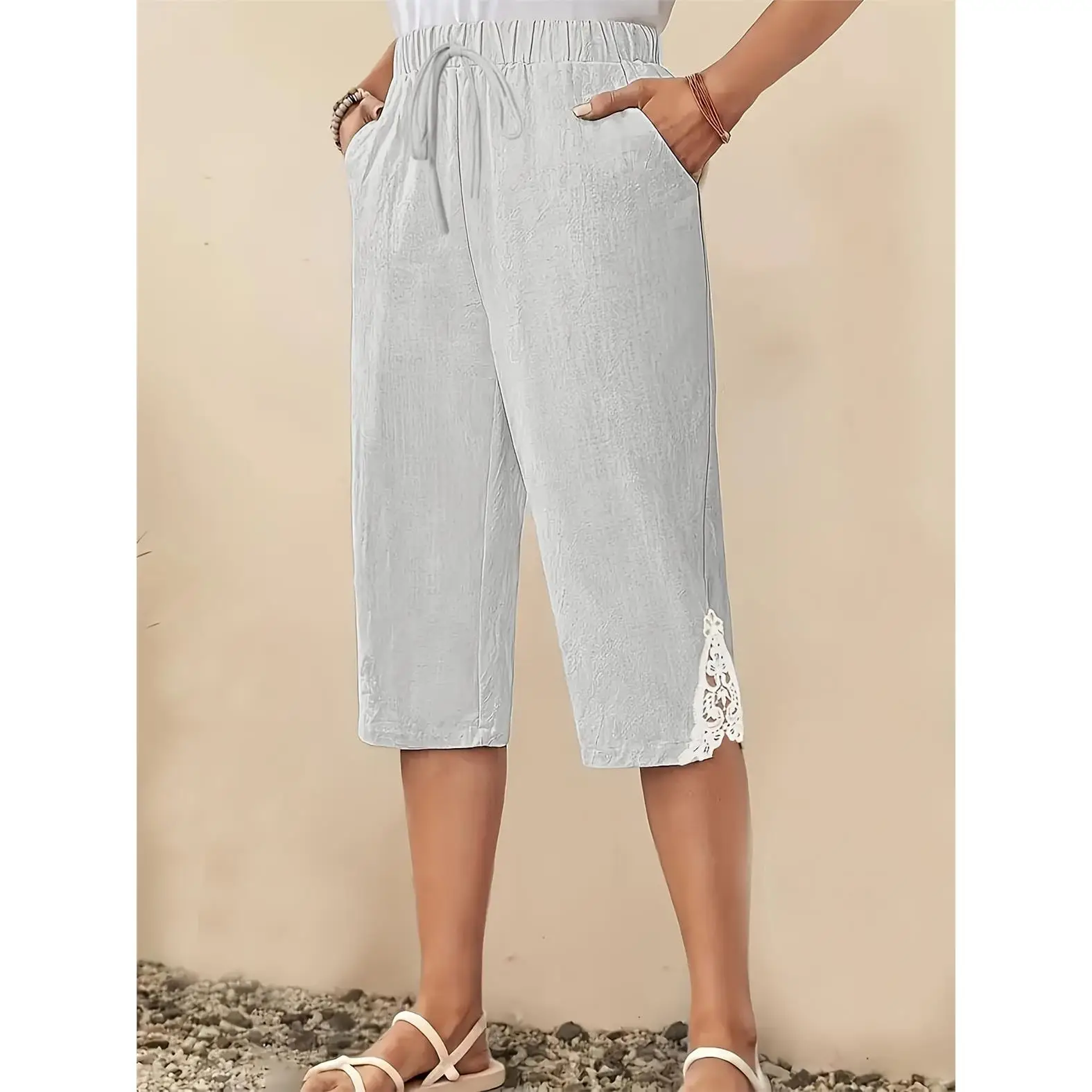 New 2025 Women's Linen Lace Casual Shorts Cleanfit Style mid Low Waist PVC Fabric 95% Polyester 5% Other Material Embroidered
