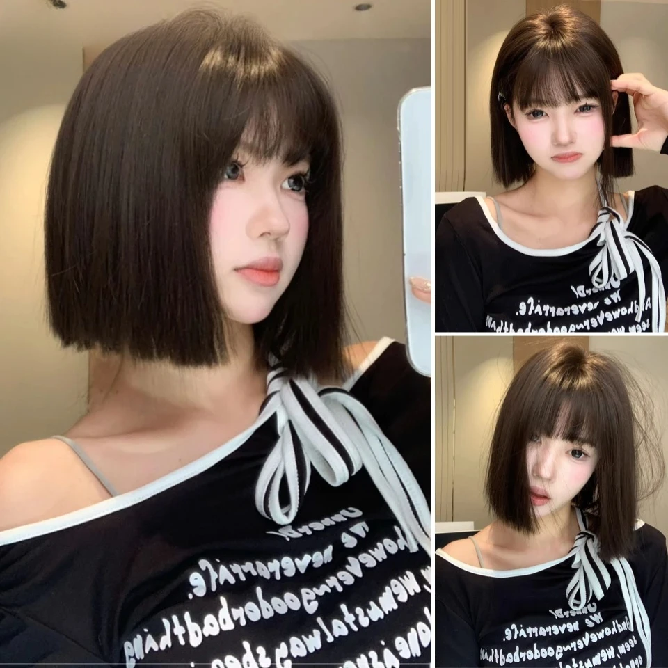 

FORLISEE Synthetic Wig Short Black Brown with Bangs for Women Bob Straight Wig High Temperature Daily Cosplay Party Wigs