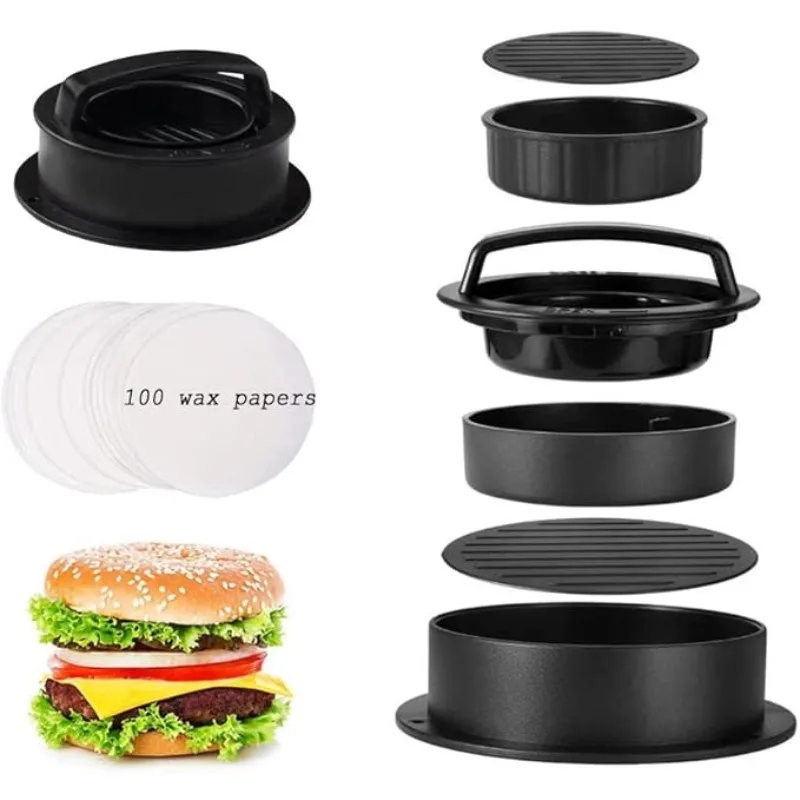 

Burger Press with 100Wax Paper Sheets 3 in 1 Nonstick Hamburger Press Patty Burger Maker Kit Delicious BBQ Grilling Burgers