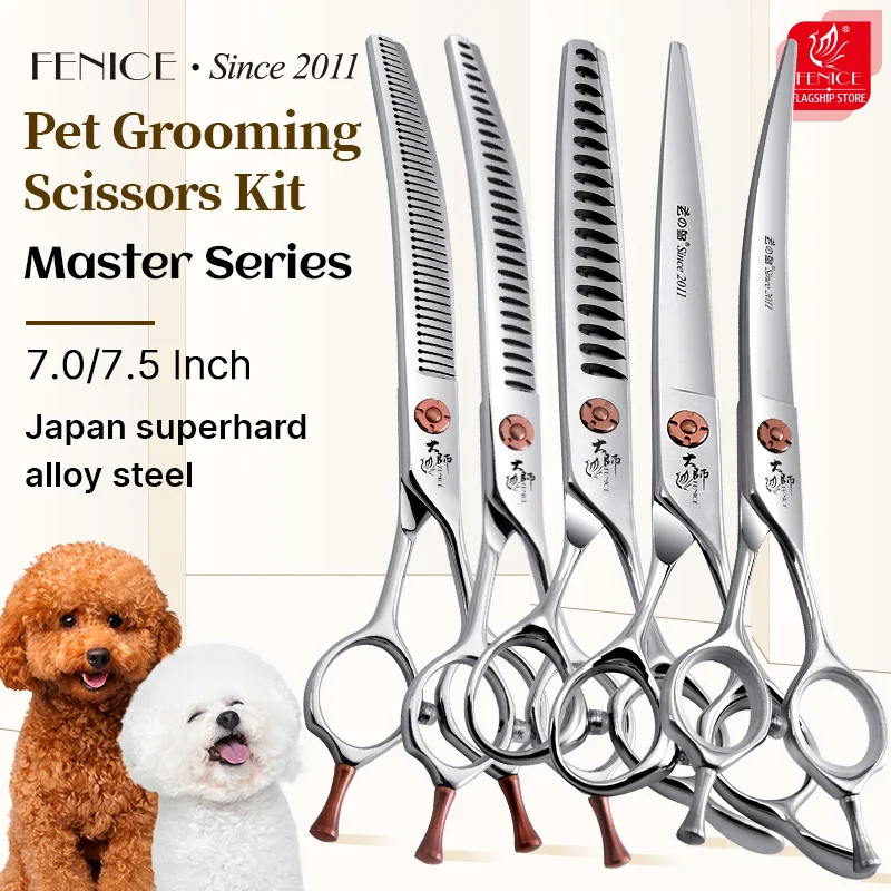 

Fenice 7.0 Inch JP440C Professional Dog Trimming Straight&Curved&Thinner&Chunker&Fluffy Shears for Pet Grooming Scissors Kit