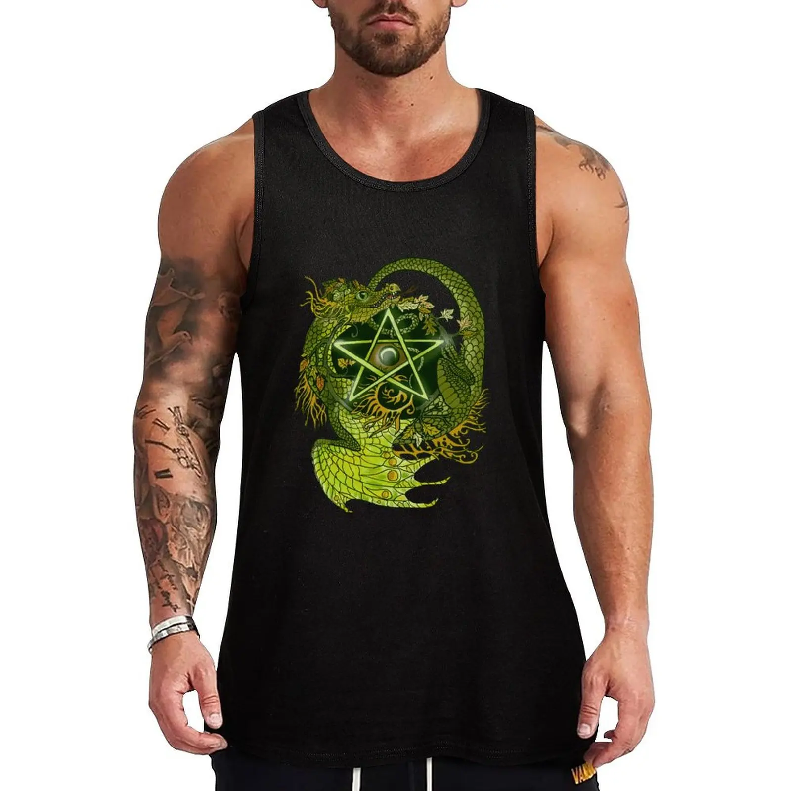 Pentagram Dragon In Green Tank Top Urban Casual Tank Top Streetwear Sleeveless Shirt