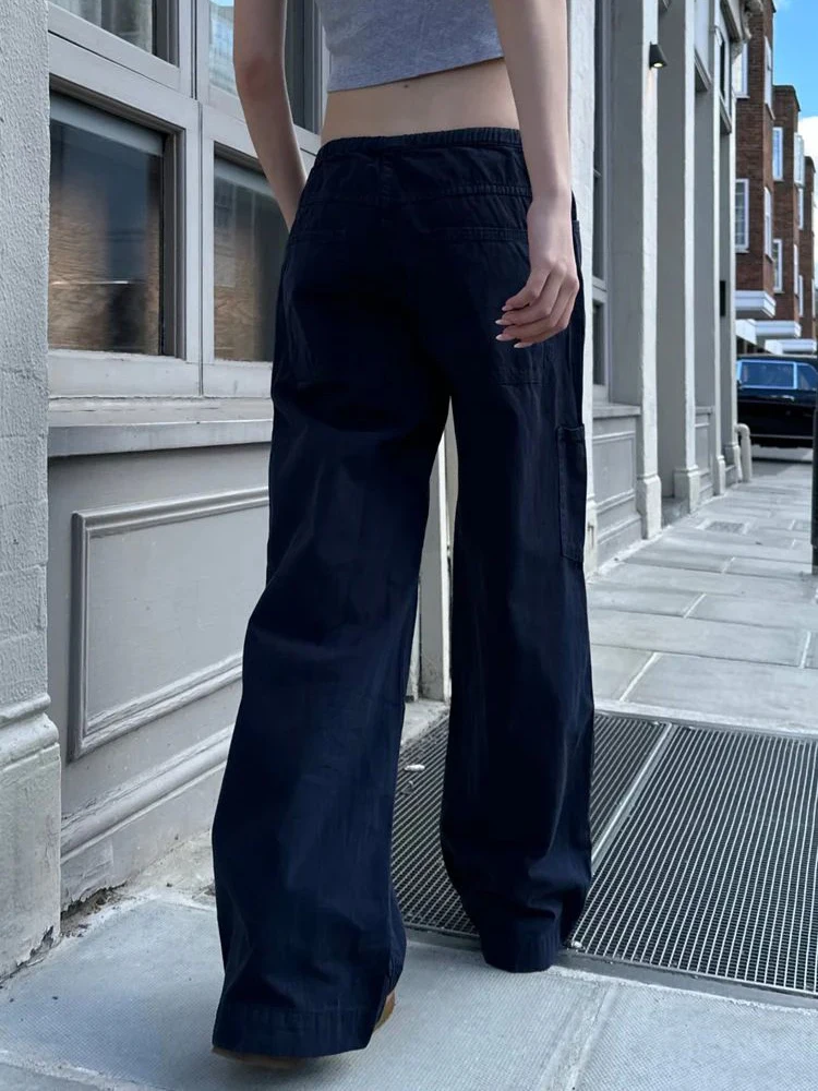 Fashion Navy Drawstring Loose Pants Women Autumn Sexy Low Waist Pockets Straight Long Pant Baggy Streetwear Vintage Trousers Y2K