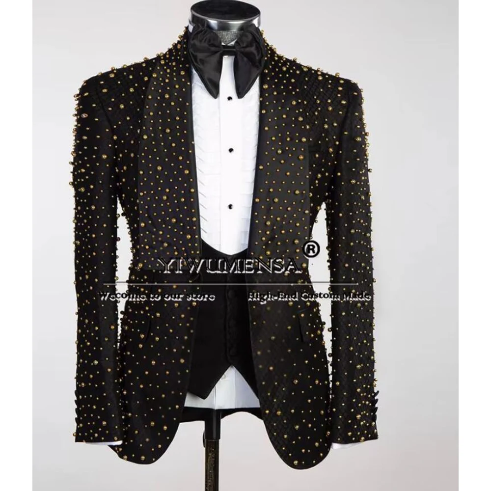 Black Men Suit Set Exclusive Golden Pearls Groom Tuxedo Customized 3 Pieces (Jacket Vest Pants) Man Formal Wedding Party Outfit