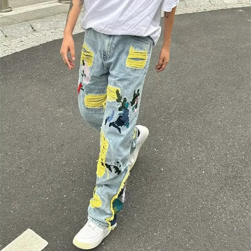 2023 Ropa Grunge Y2K Streetwear Baggy Stacked Ripped Jeans Pants Men Clothing Graphic Embroidery Hip Hop Denim Trousers Pantalon