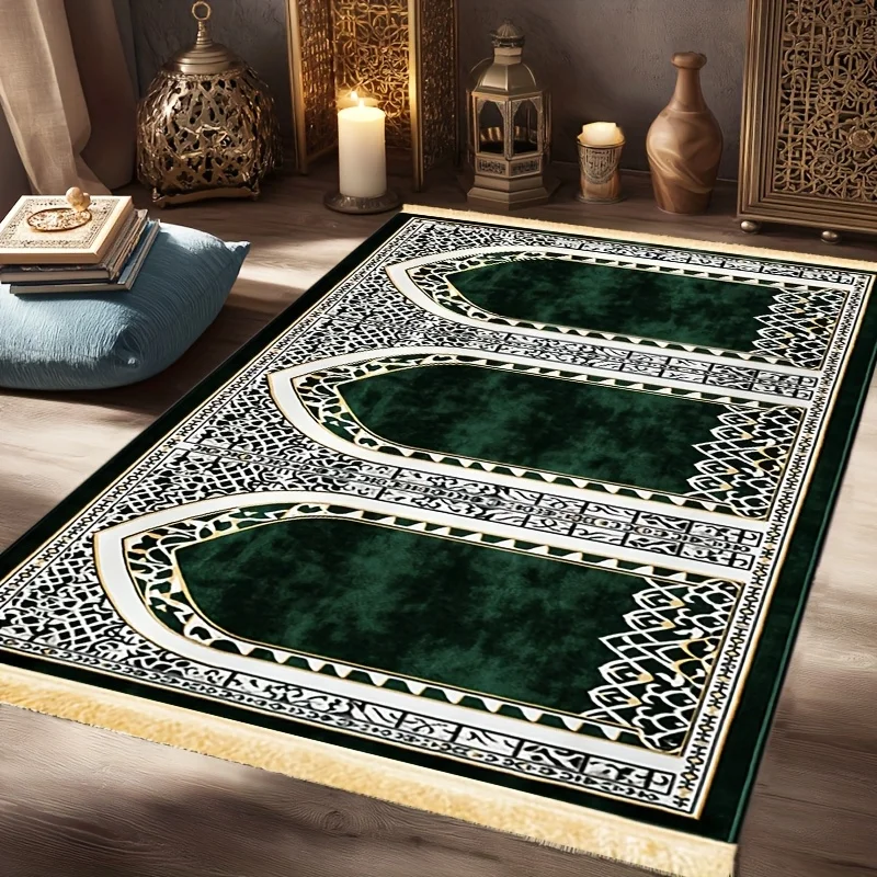 3 Person Green White Geometric Arch Islamic Group Prayer Rug Golden Fringe Muslim Large Prayer Mat Non Slip Worship Carpet Ramad