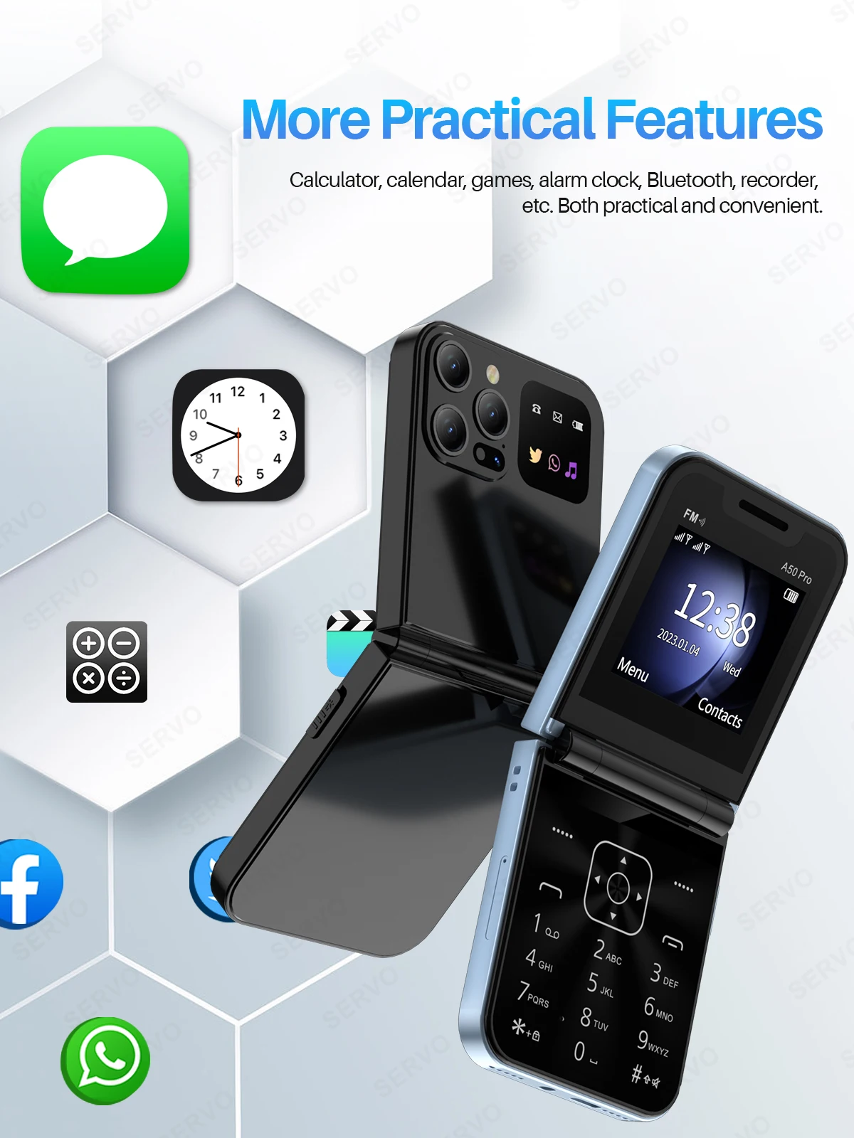 SERVO Classic Color Flip Mobile Phone Auto Call Record FM Radio Speed Dial Magic Voice GSM Dual SIM Unlocked Foldable Cellphones