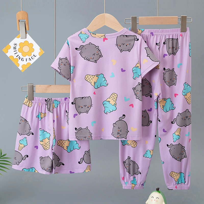 3-teiliges Set aus Sommer-Kurzarmshirts, Shorts und Hosen für Jungen und Mädchen, bunter, lässiger, bedruckter, süßer Anzug – Detail 4