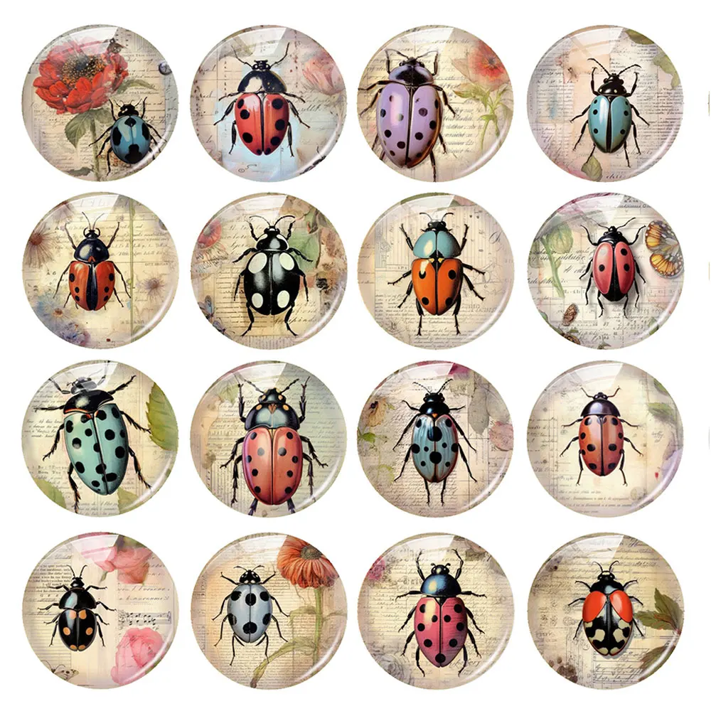 Random Mixed Round/Oval/Square Retro Flower Ladybug Insect Photo Glass Cabochon Flatback Demo Cameo For Diy Jewelry Making