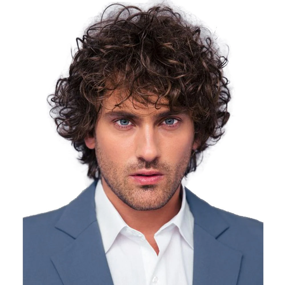 

10 Inch Synthetic Black Brown Natural Short Curly Wave Wig For Male Men Hair Heat Resistant Fiber Wigs For Daily use Halloween
