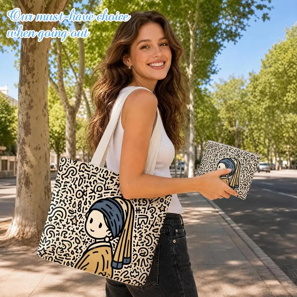 Vintage Lady Doodle Portrait Storage Bags 2-Pcs Canvas Tote Bag with Zipper Reusable Tote Bags for Shopping Travel Work Gifts