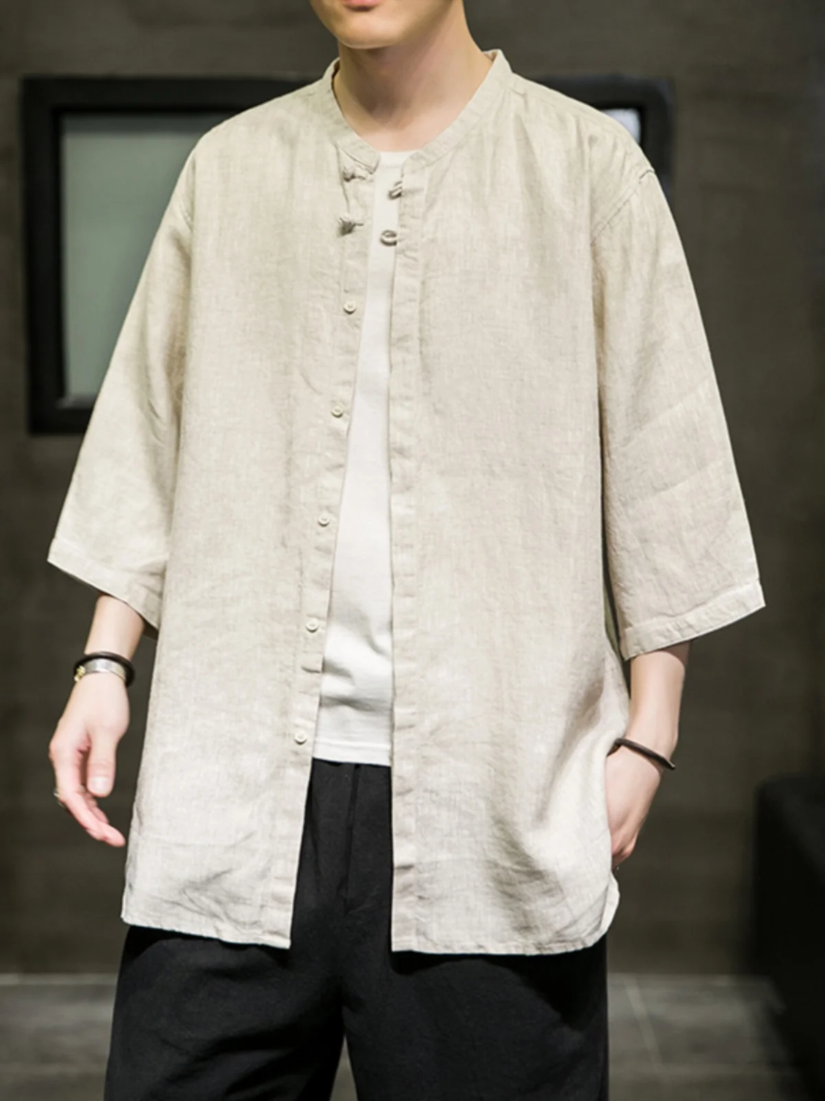 

Linen Cotton Shirt Men's Summer Thin Short Sleeve Vintage Tang Costume Hanfu Outerwear Standard Fit Youth Fashion No Ironing ...