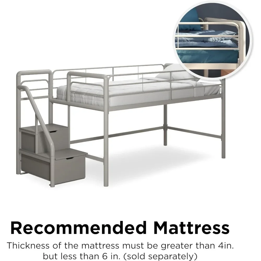 Cama doble de Metal con escalones de almacenamiento, solución multifuncional para ahorrar espacio, plateada con escalones, fácil montaje