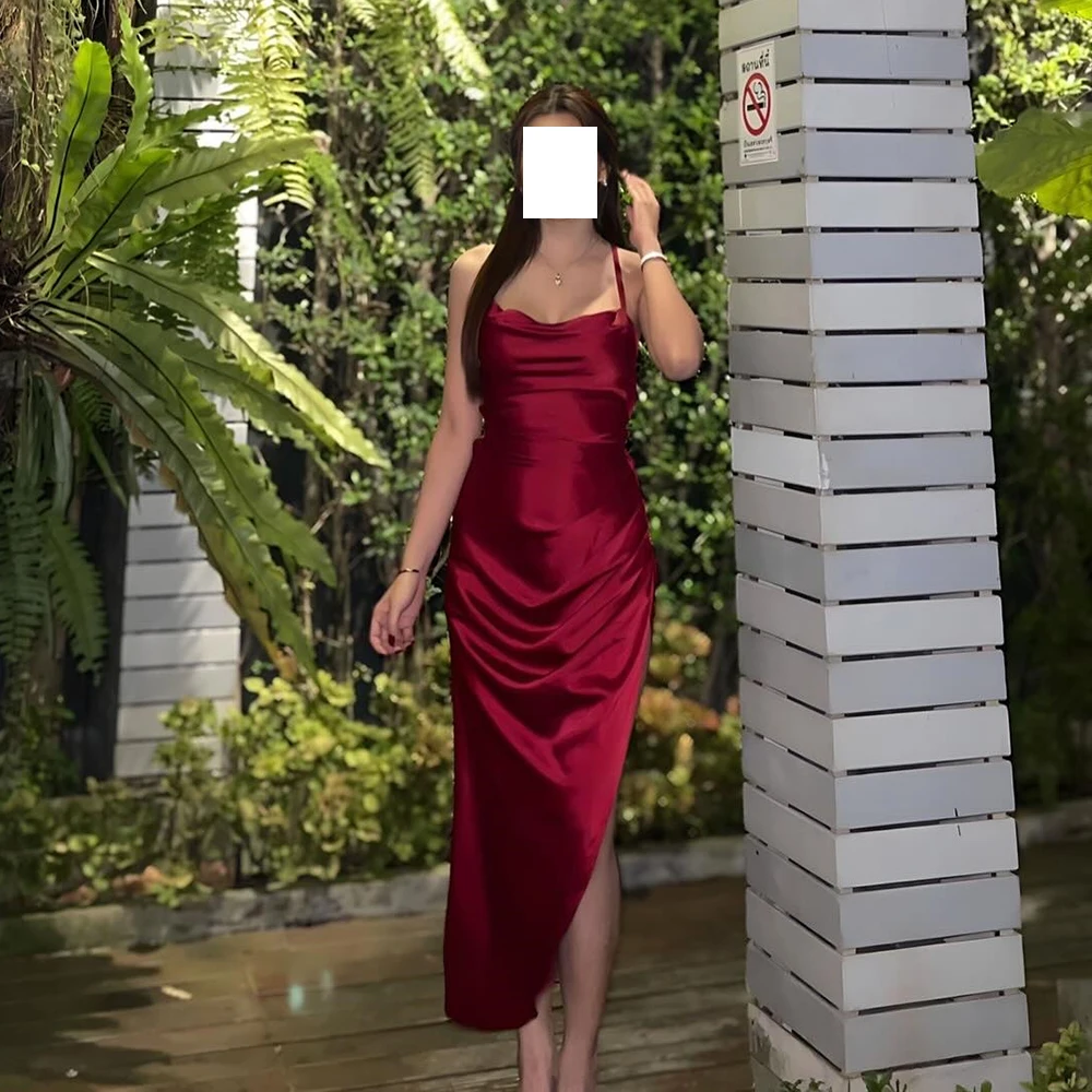 

Straight Spaghetti Burgundy Sleeveless Side Silt Pleats Halter Strapless Party Dress elegant luxury evening dress 2024 Dubai