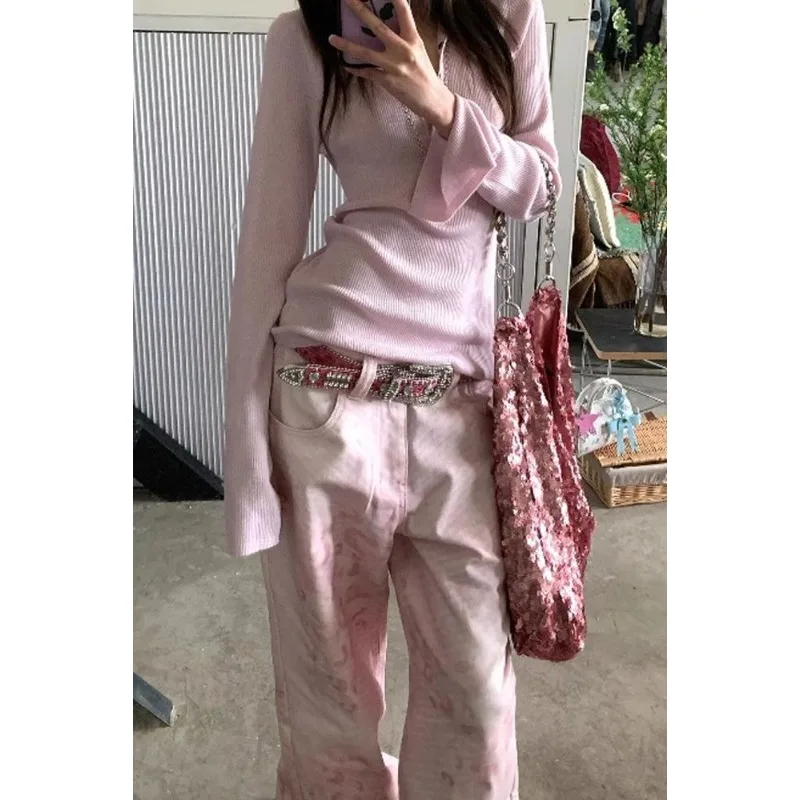 Women's Adorable Pink Vintage High Waist Wide Leg Jeans Back 2025 Summer Slimming Exclusive Type Ladies Denim Trousers