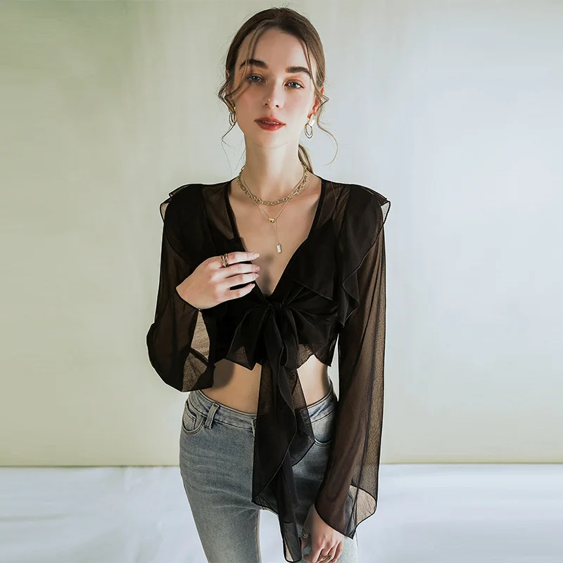 MadBlack European Clothes Tshirts Women Sexy V Neck Sheer Slim Smock Crop Top Long Sleeve Sunprotect Tee Spring Summer T43473JC